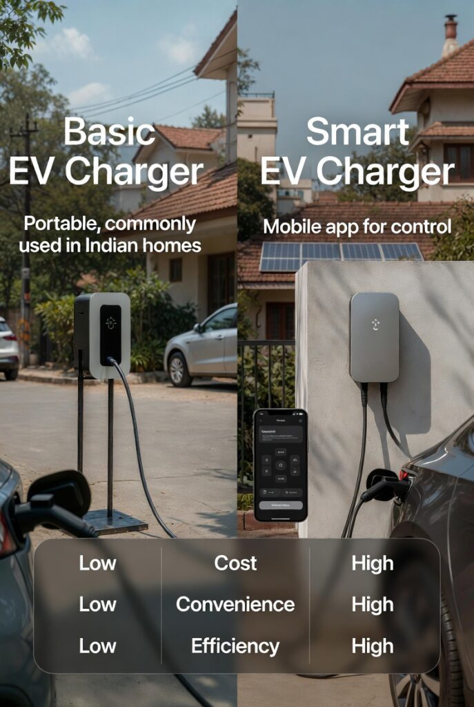 ndia's EV market is accelerating in 2026, with Bengaluru leading the charge as a major hub for electric mobility. Popular models like the Tata Nexon EV, MG ZS EV, Mahindra e-Verito, and emerging options make home charging essential for convenience and savings. Basic chargers provide straightforward functionality, while smart chargers offer app-based control, scheduling, solar integration, and energy optimization. In a city like Bengaluru with variable tariffs, rooftop solar growth, and apartment living common, the question is: are smart charger's advanced features worth the investment? This guide compares them for Indian users, with a focus on real costs, Karnataka specifics, and clean energy advantages.