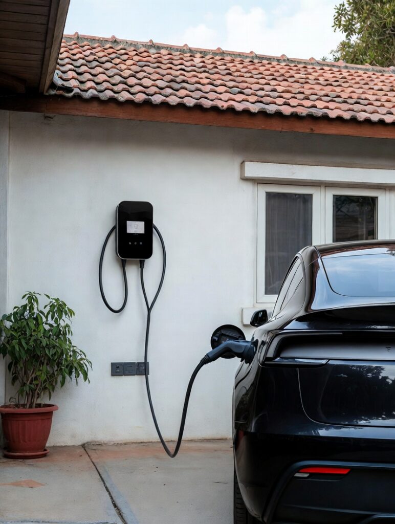 Modern Bolt.Earth 7.2 kW home EV charger installed on a white wall in a Bengaluru living room with natural light from a window and green indoor plants, showing the charging cable connected to a nearby socket for convenient home electric vehicle charging in India