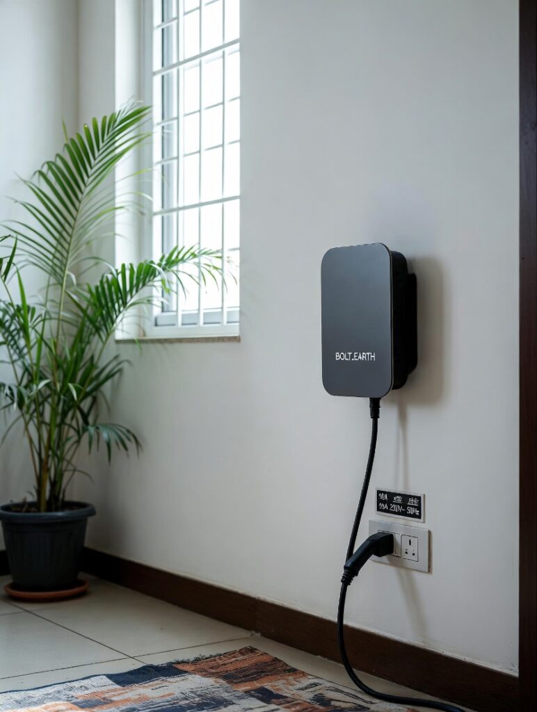 Black home EV charging station mounted on the exterior wall of a typical Bengaluru house with terracotta tiled roof, connected to a sleek dark-colored electric SUV in the driveway, demonstrating real-world home EV charger installation setup for Indian households in 2026
