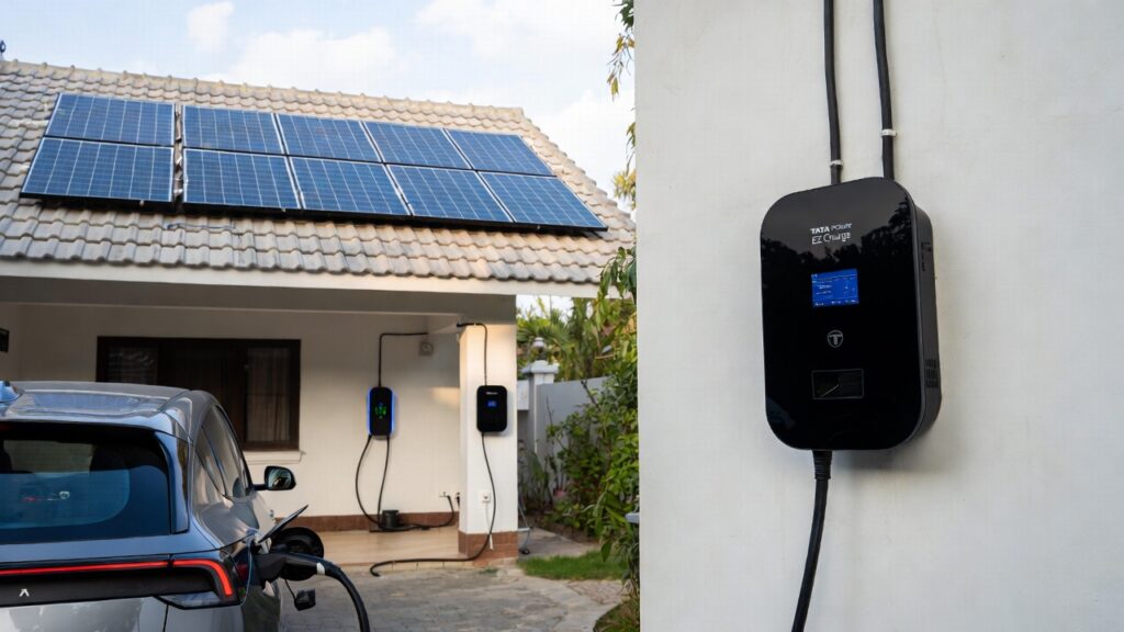 Modern Indian home with rooftop solar panels and Tata Power EZ Charge wall-mounted EV charger, showing seamless solar integration for electric vehicle charging in residential setup
