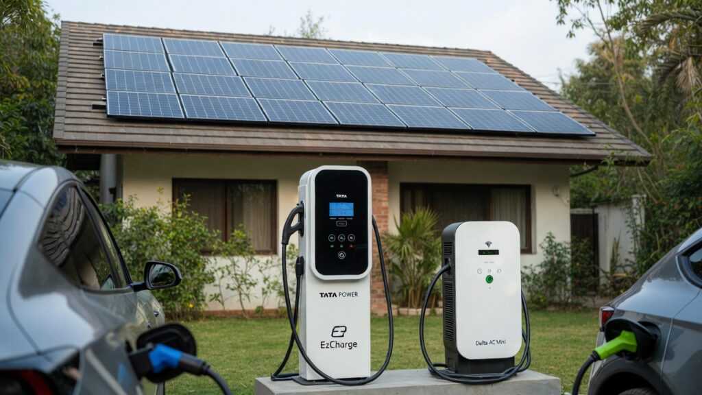 Rooftop solar panels integrated with Tata Power EZ Charge and Delta AC Mini EV chargers on a home in Bengaluru, India – solar-powered home EV charging setup 2026