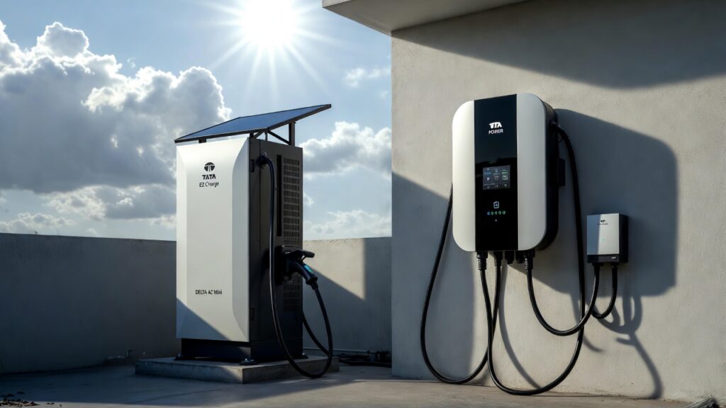 Tata Power EZ Charge and Delta AC Mini smart EV chargers under bright Indian sunlight on a rooftop or wall installation – showcasing heat-resistant, IP65 weatherproof performance for extreme summer and outdoor conditions in 2026