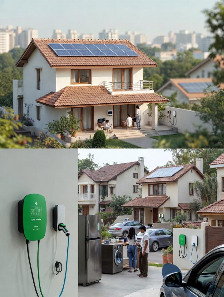 Suburban Bengaluru neighborhood showing energy-efficient Indian homes with rooftop solar PV systems and wall-mounted upcoming EV chargers featuring bidirectional V2G, wireless-ready, and AI-smart charging displays connected to electric cars and scooters