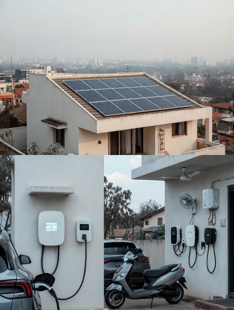 Modern Indian villa in Bengaluru with rooftop solar panels and multiple smart EV chargers on the wall, family gathered in driveway discussing future EV charging technologies like V2G and solar-integrated systems for 2026