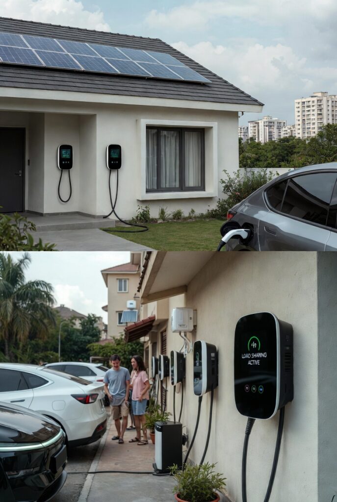Modern Indian villa in Bengaluru with rooftop solar panels and two smart EV chargers installed in the driveway, showcasing dynamic load management for home EV charging without electrical overload
