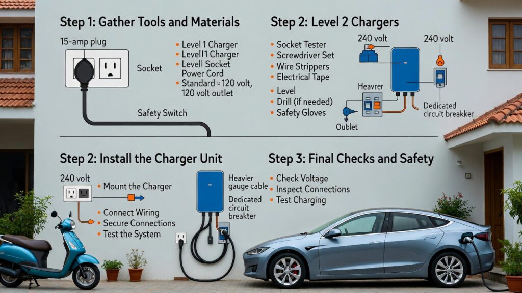 Side-by-side comparison of easy DIY EV charger installation in India: Level 1 portable charger plugged into standard wall socket versus Level 2 wall-mounted smart charger with wiring and electrical panel in a Bengaluru residential setting, including multimeter tool and safety equipment.