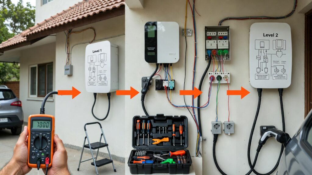 Step-by-step infographic guide to DIY EV charger installation at home in India: showing tools needed, Level 1 plug-and-play setup with 15-amp socket, Level 2 wall mounting and dedicated circuit wiring, final safety checks, and electric car parked nearby.