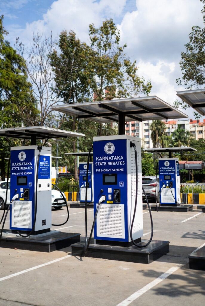 Solar-powered EV charging station in Bengaluru under Karnataka EV Policy and PM E-DRIVE scheme rebates 2026, showing state subsidies for home and public electric vehicle charging