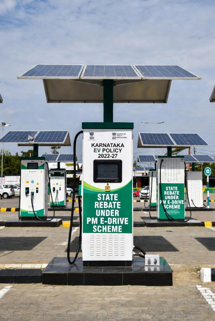 EV fast charging stations in Bengaluru parking lot with Karnataka state rebates signage and PM E-DRIVE scheme branding, highlighting incentives for Level 2 and DC fast chargers in 2026