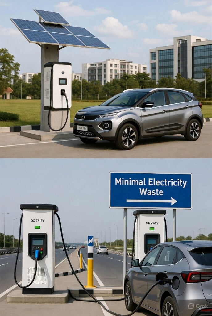 MG ZS EV connected to high-efficiency DC fast charger on Indian expressway with minimal electricity waste signage, best for quick low-loss charging