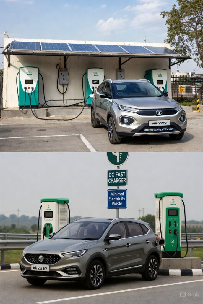 MG ZS EV connected to high-efficiency DC fast charger on Indian expressway with minimal electricity waste signage, best for quick low-loss charging