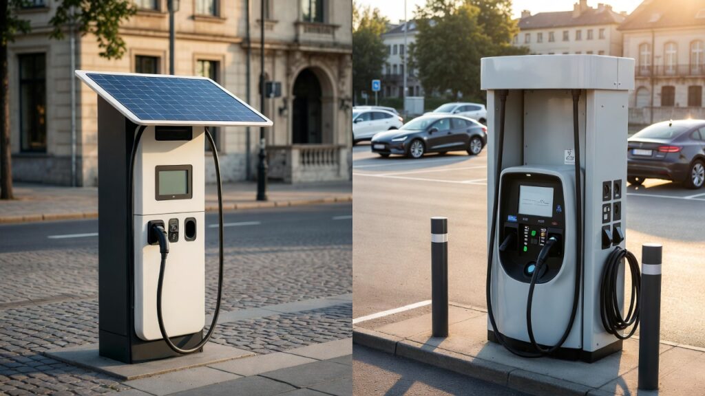 "Side-by-side comparison of sleek European EV charging station with solar panel integration versus robust American fast charger with attached cables on highway background"
Alternative variations (choose one based on placement):

"European compact solar-powered EV charger next to American highway fast-charging station showing design differences"
"Comparison image: modern European EV charging point with solar integration vs large American DC fast charger station"