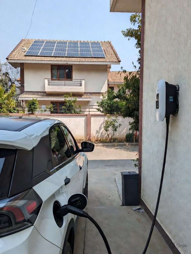 Rooftop solar-powered home EV charging in India: Modern white EV wall charger connected to a Tata Nexon EV in a Bengaluru home driveway, with solar panels visible on the tiled roof, illustrating reduced payback period and sustainable EV charging with solar integration 2026