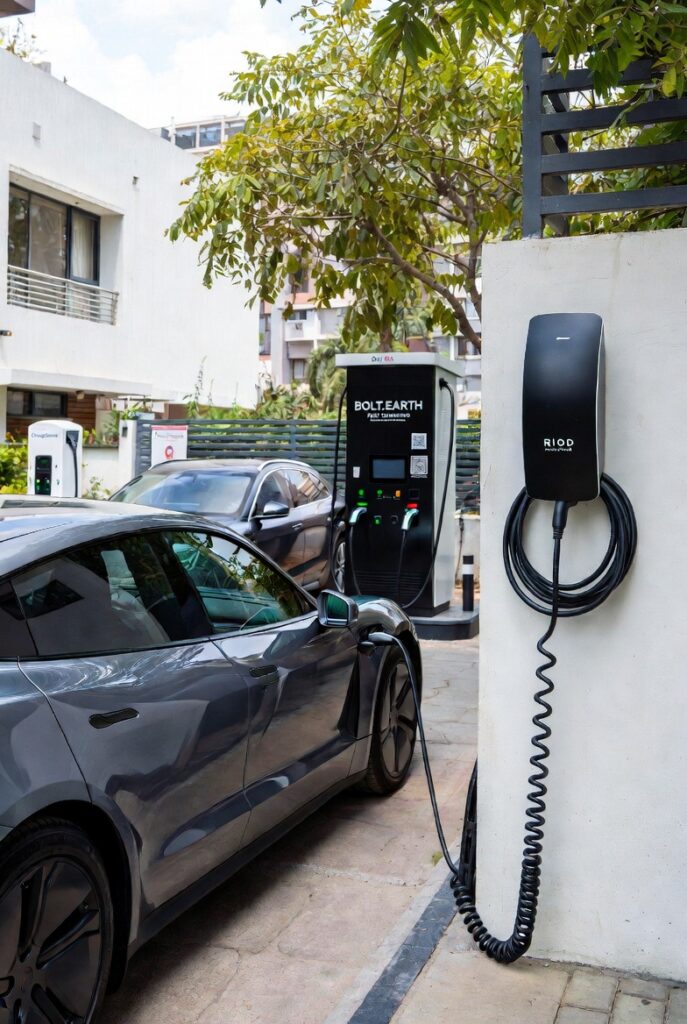 Dark grey Porsche Taycan or Audi e-tron GT plugged into a RIOD Powerpod smart home EV charger installed on a wall beside a Bolt.Earth public unit in a premium residential area of Bengaluru, Karnataka, India