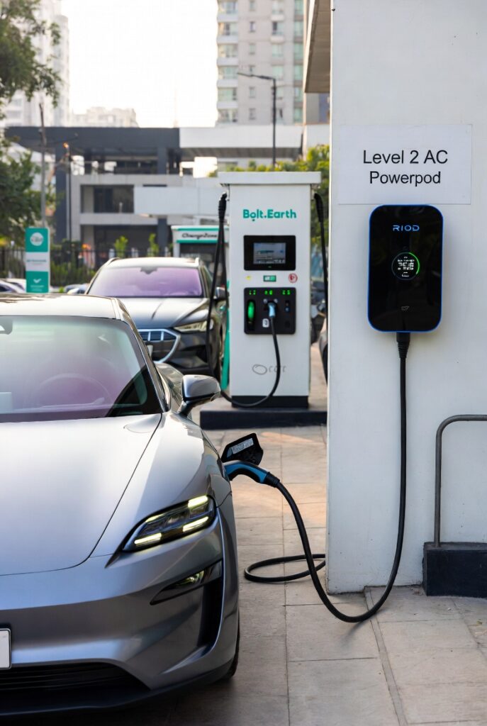 Silver Porsche Taycan luxury electric car charging at a Bolt.Earth public fast charging station with RIOD Powerpod Level 2 AC charger in urban Bengaluru, India 2026