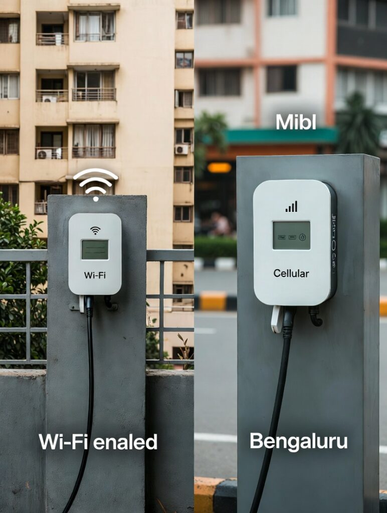 Wi-Fi vs Cellular EV charging stations mounted on a grey house wall showing connectivity icons and charging cables plugged into an EV car