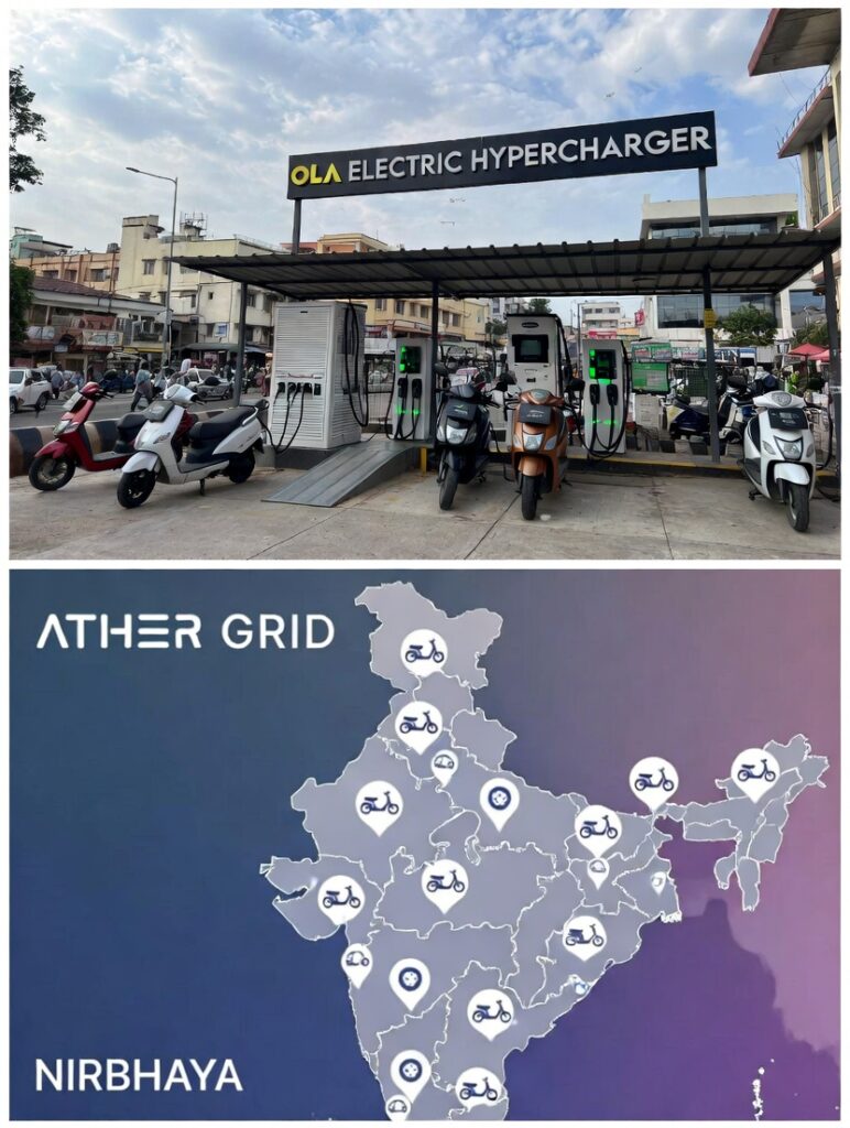 OLA Electric Hypercharger station in Bengaluru with multiple OLA S1 electric scooters parked and charging, busy urban road background with traffic and pedestrians, green and white charging units under clear sky