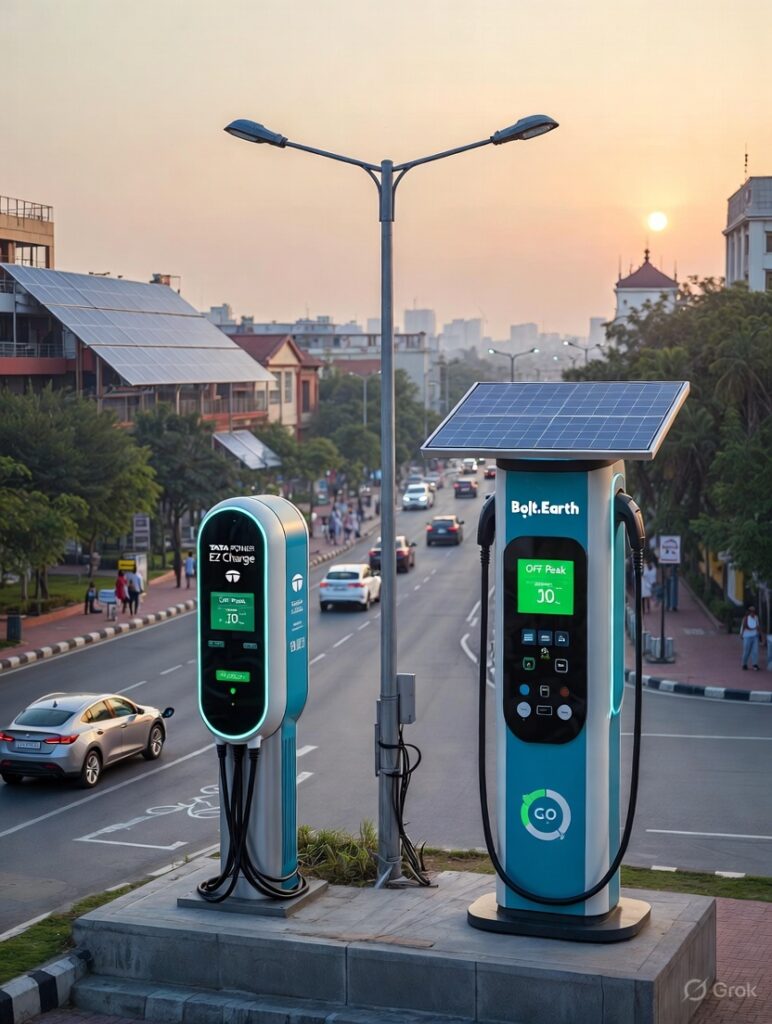 Smart EV charging stations in Bengaluru at sunset featuring Tata Power EZ Charge and Bolt.Earth chargers with off-peak time-of-use optimization display showing low rates, solar panels on top, busy Indian street background with electric cars and pedestrians