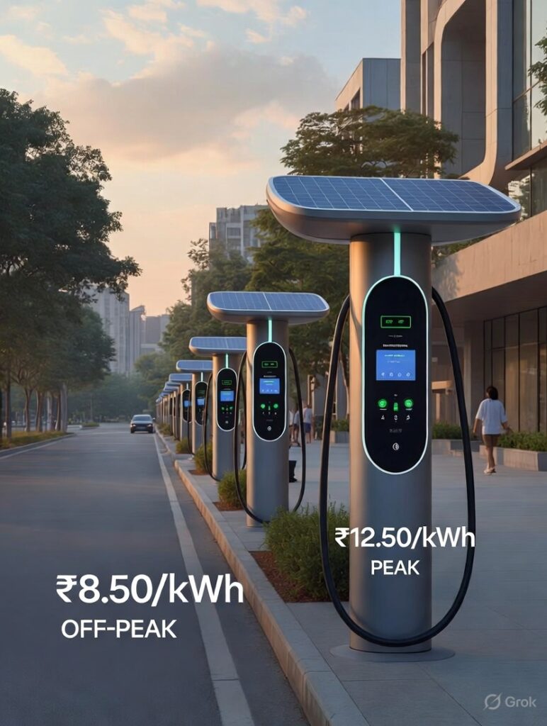 Row of modern smart EV chargers along a Bengaluru street at golden hour, displaying TOU tariff rates: ₹8.50/kWh off-peak and ₹12.50/kWh peak, solar-powered stations with app interfaces, time-of-use optimization for EV charging in India 2026, urban Karnataka setting