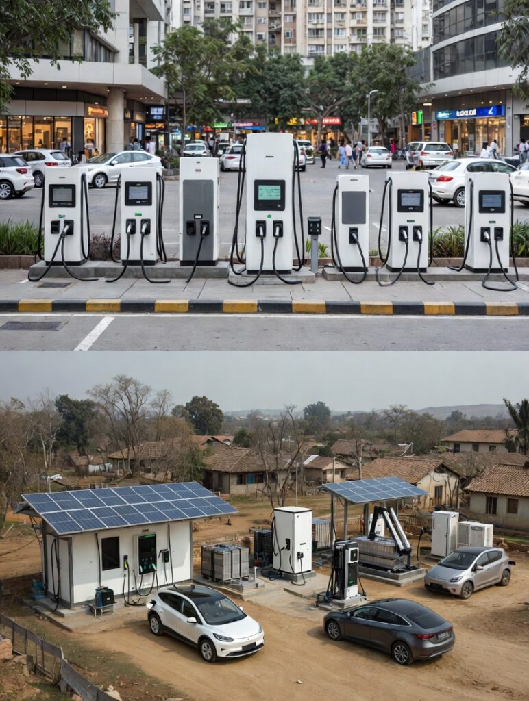 Solar-powered EV charging station in a rural Indian village setting, featuring rooftop solar panels, battery storage units, charging points, and an electric car parked nearby, highlighting off-grid and sustainable rural EV charging solutions in India