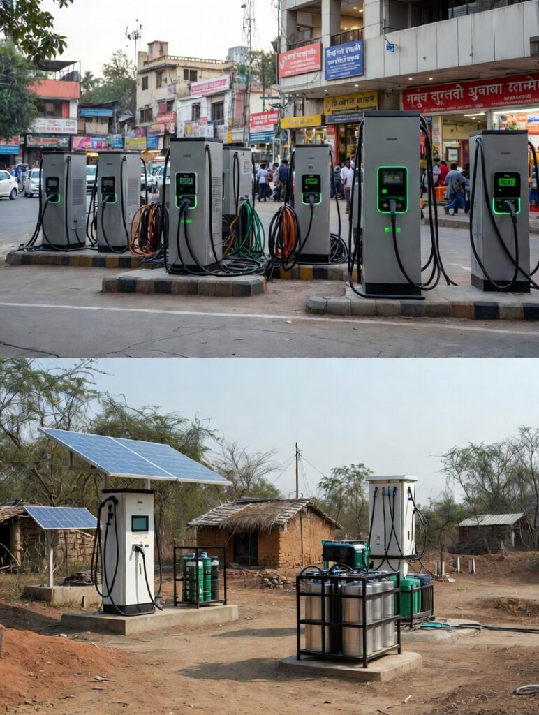 Multiple modern EV fast charging stations installed on a busy urban street in an Indian city like Bengaluru or Delhi, with DC chargers, cables connected, people and vehicles in the background, showcasing public EV charging infrastructure in metropolitan areas