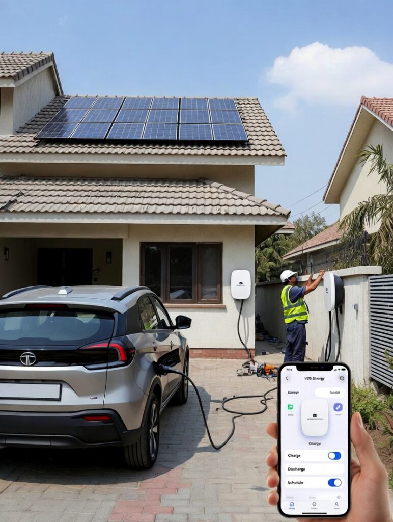 Professional technician installing a wall-mounted V2G compatible EV charger at an Indian residential home with solar rooftop system. Tata Nexon electric vehicle connected for bidirectional charging and discharging. Close-up of smartphone screen displaying V2G energy management app with charge/discharge schedule options in Karnataka, India.
