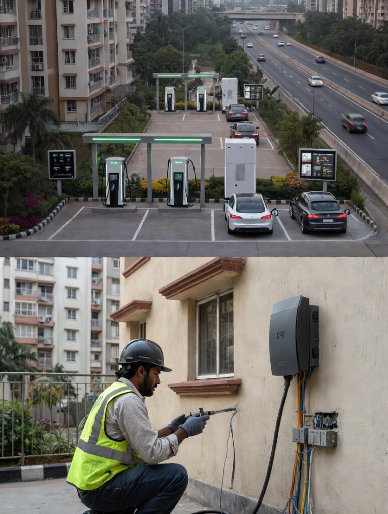DC fast EV charging station on Indian highway near Bengaluru with multiple electric cars charging using CCS2 connectors, modern canopy, and high-speed public EV infrastructure