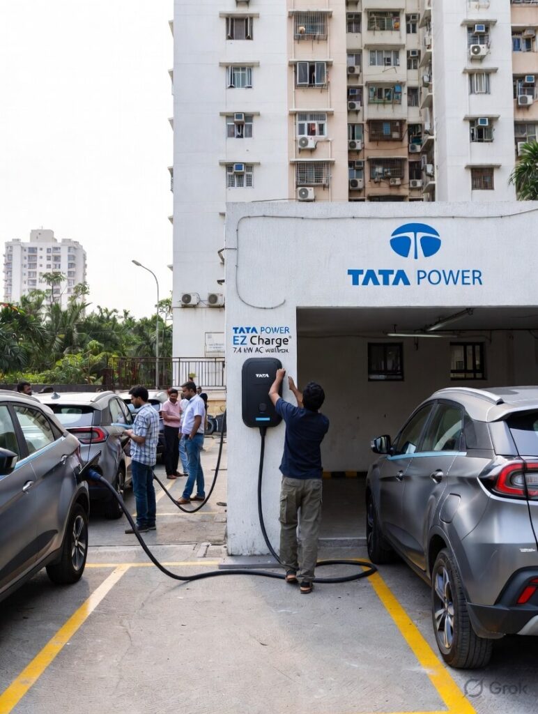 Technician installing Tata Power EZ Charge 7.4 kW AC wallbox in Mumbai apartment society parking garage, high-rise residential buildings in background, multiple electric vehicles parked nearby, representing home EV charging setup preparation for road trips in India 2026