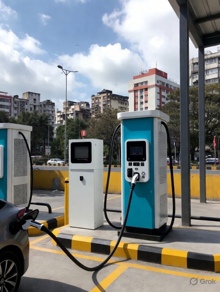 Tata Power EV charging point in Mumbai with a silver electric SUV connected, blue charger unit under canopy, city skyline and apartments in background under clear sky, representing growth in electric vehicle charging infrastructure India during geopolitical fuel price volatility 2026