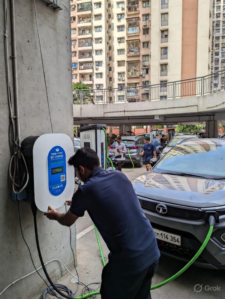 Technician installing Tata Power EZ Charge 7.4 kW AC wallbox on pillar in Mumbai apartment society basement parking garage, high-rise buildings and multiple parked cars in background, showing practical home EV charging setup for apartment residents in Mumbai 2026