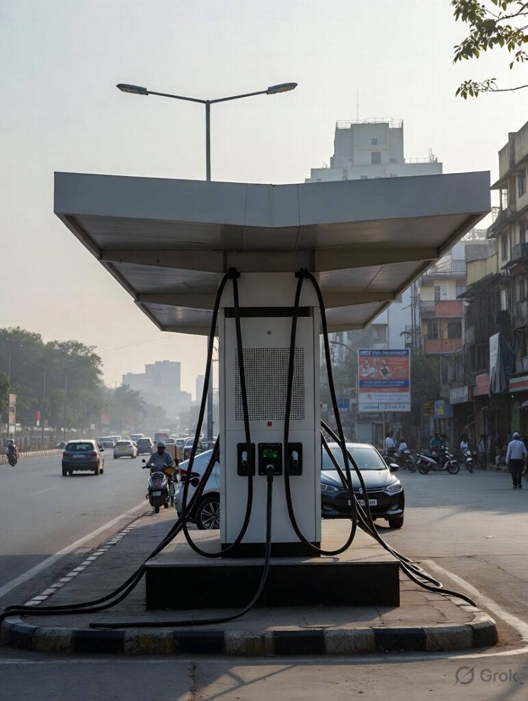 Public EV charging station on a busy Mumbai road at dawn with Tata Nexon EV plugged in, cables connected, urban traffic and buildings in hazy morning light, symbolizing rising EV adoption in India amid Middle East oil price surge 2026