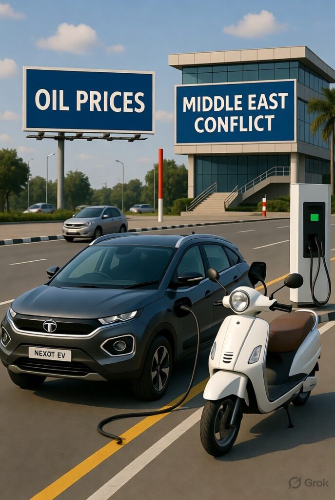 Electric vehicle charging station on busy Mumbai highway with Tata Nexon EV and Ola electric scooter plugged in, solar-powered canopy overhead, city skyline and traffic in background, representing growing EV adoption in India amid rising fuel prices 2026