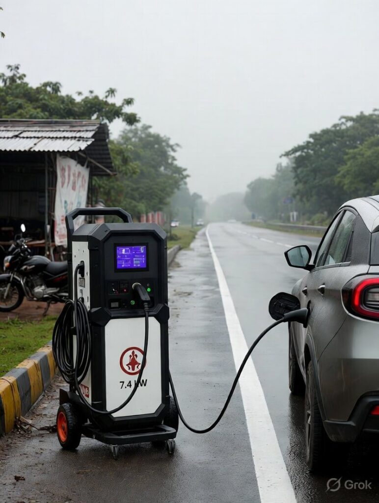 Game-changing best portable EV charger for road trips in India 2026 — 7.4 kW portable Level 2 EV charger connected to a Tata Nexon EV on a rainy Indian highway near a dhaba, monsoon-ready design with IP67 protection, perfect for stress-free long-distance travel