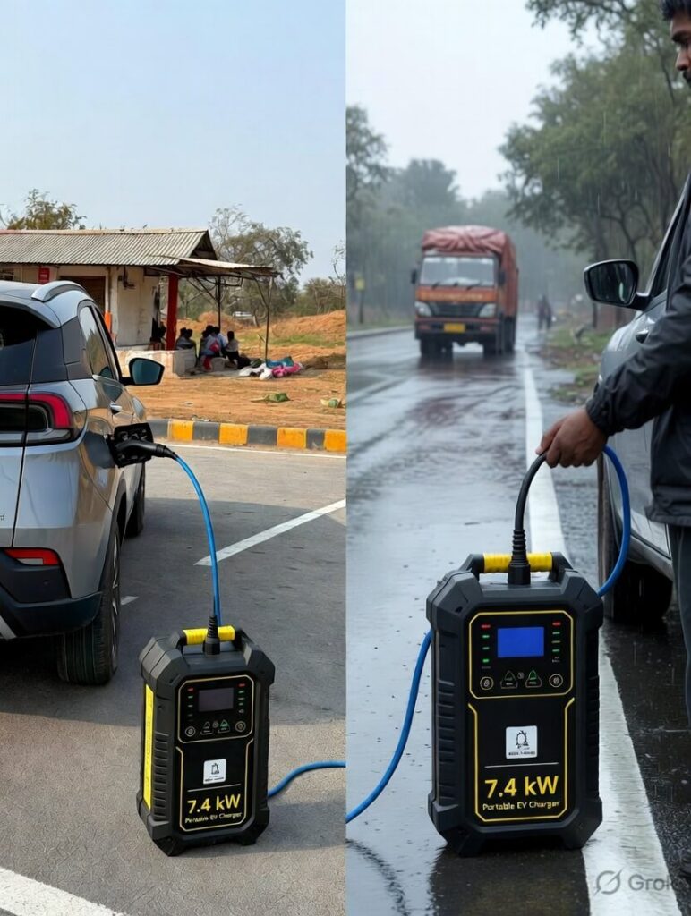 Game-changing best portable EV charger for road trips in India — side-by-side views of 7.4 kW portable EV chargers charging Tata Nexon EVs at roadside dhabas and highways in monsoon rain, showing real-world use on Indian roads with PME-style and rugged portable designs for Tata, MG ZS, and other EVs