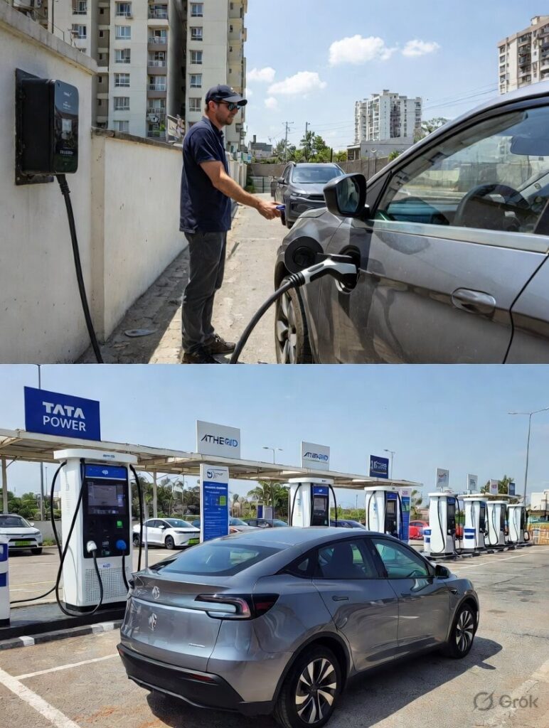 Indian EV owner charging a grey Tata Nexon EV with a 7kW Tata Power wallbox charger mounted on an apartment wall in Bengaluru, 2026. Modern residential building background with a person plugging in the cable during daytime.
