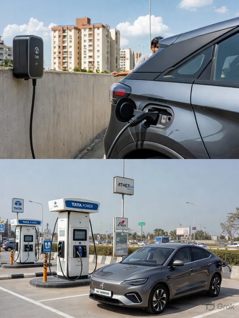 "Indian EV owner charging a grey Tata Nexon EV with a 7kW Tata Power wallbox charger mounted on an apartment wall in Bengaluru, 2026. Modern residential building background with a person plugging in the cable during daytime.