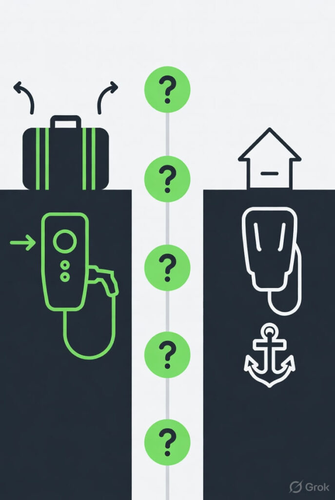 Flat design decision framework infographic illustrating the key choice between portable and hardwired home EV charging options, supporting our complete guide to portable vs hardwired home EV chargers US Europe for renters homeowners and multi-location drivers in 2026