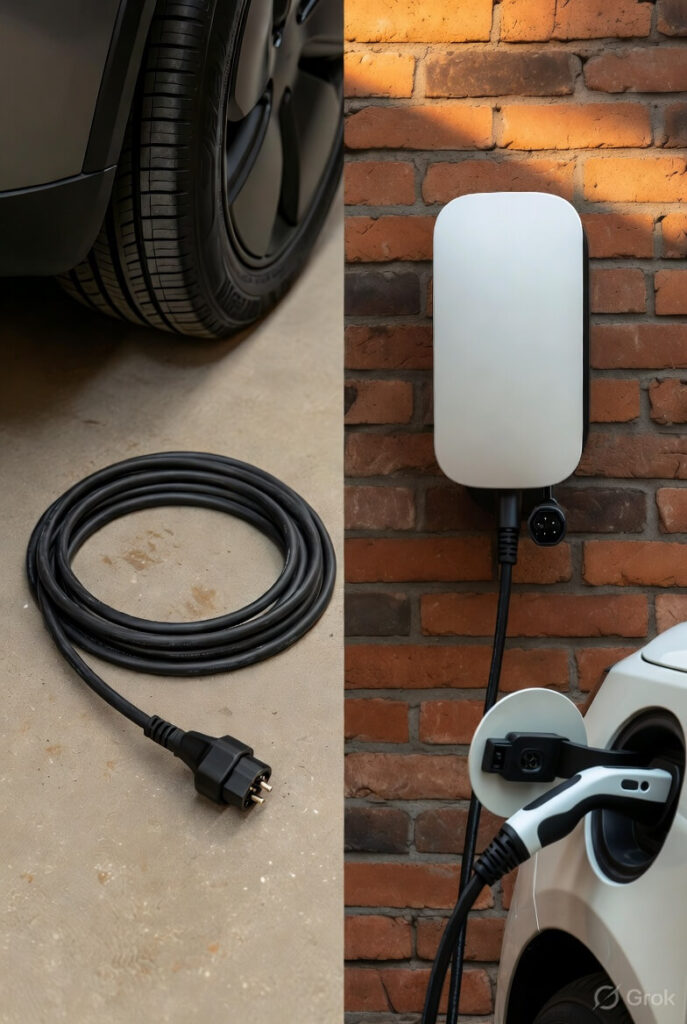 Side by side comparison of a portable EV charger cable on a garage floor and a hardwired EV wall charger mounted on a brick wall, visually representing the core portable vs hardwired home EV chargers US Europe decision that every new electric vehicle owner in the US and Europe needs to make in 2026