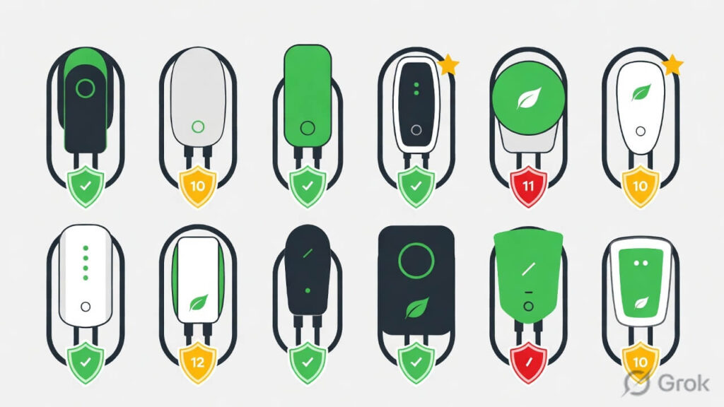 Flat design infographic comparing ten home Level 2 EV charger options with warranty shield badges and solar capability indicators, supporting our best Level 2 EV chargers UK Europe 2026 honest comparison of Wallbox Pulsar Plus Easee One Hypervolt Myenergi Zappi and Zaptec Go