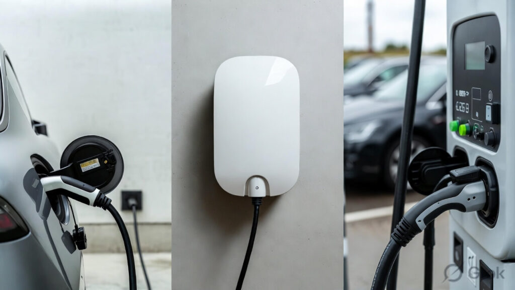 Three EV charging levels shown side by side — a standard household outlet, a Level 2 home wall box and a DC fast charger at a highway station — illustrating the core comparison in our EV charging guide 2026 Level 1 vs Level 2 vs DC Fast for electric vehicle owners in the US and Europe