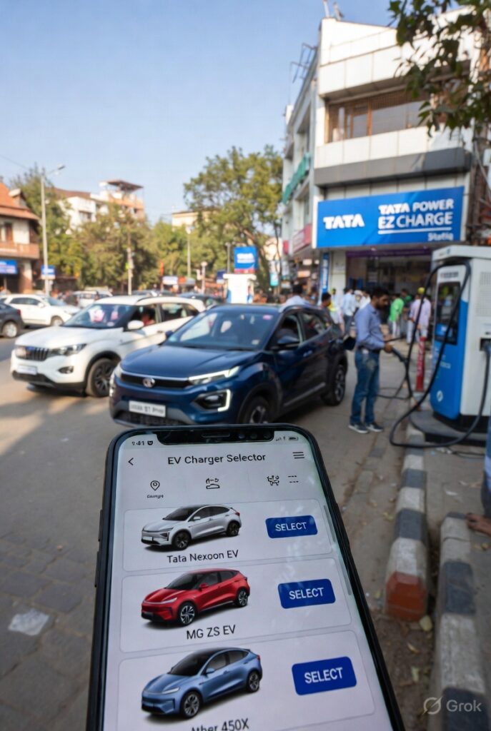 User-friendly interactive charger selector tool displaying dropdown menu with popular Indian EVs – Tata Nexon EV, MG ZS EV, and Ather 450X – along with network options like Tata Power EZ Charge, Statiq, Ather Grid, and real-time cost estimates tailored for Indian users