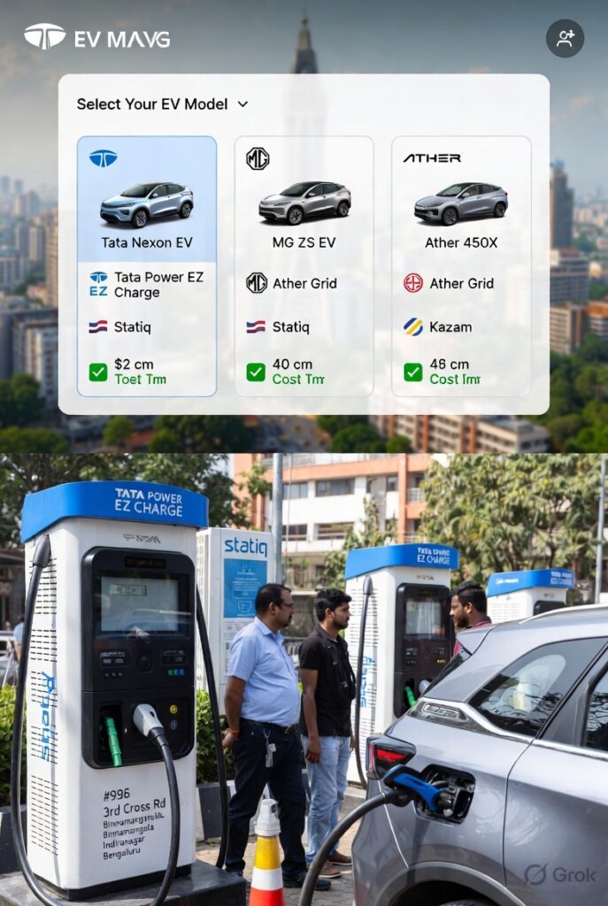User-friendly interactive charger selector tool displaying dropdown menu with popular Indian EVs – Tata Nexon EV, MG ZS EV, and Ather 450X – along with network options like Tata Power EZ Charge, Statiq, Ather Grid, and real-time cost estimates tailored for Indian users