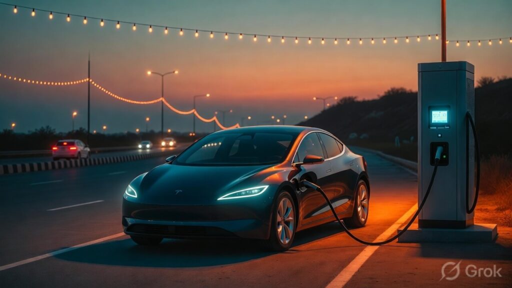 Electric car charging at a DC fast charger on an Indian national highway during Diwali with festive lights in the background