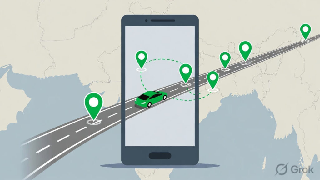 Smartphone showing EV charging station map with route stops marked along an Indian highway for holiday road trip planning