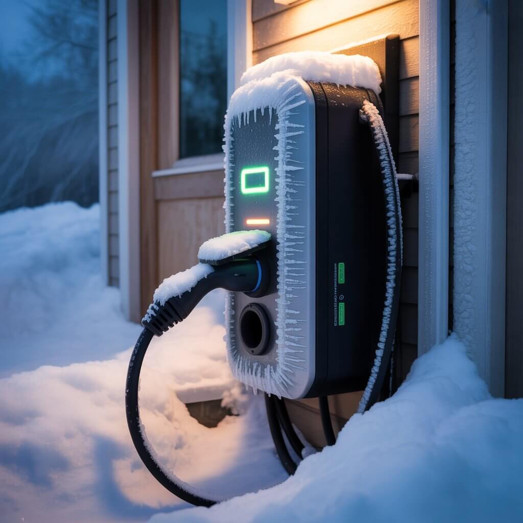 Home EV wall charger covered in frost mounted on a snow covered garage exterior in winter conditions with an electric SUV plugged in, representing the real world cold climate performance scenarios covered in our Grizzl-E Ultimate vs Hypervolt Home 3 Pro cold weather US Europe comparison guide for 2026
