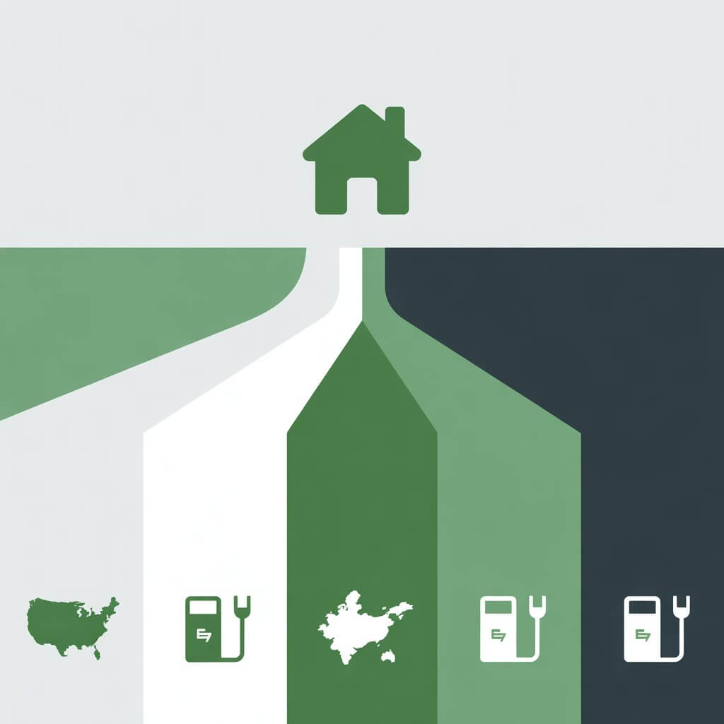 Flat design decision tree infographic illustrating three geographic paths — US, India and Europe — to help EV owners find the right EV charger for their home based on location electrical supply and car compatibility in 2026