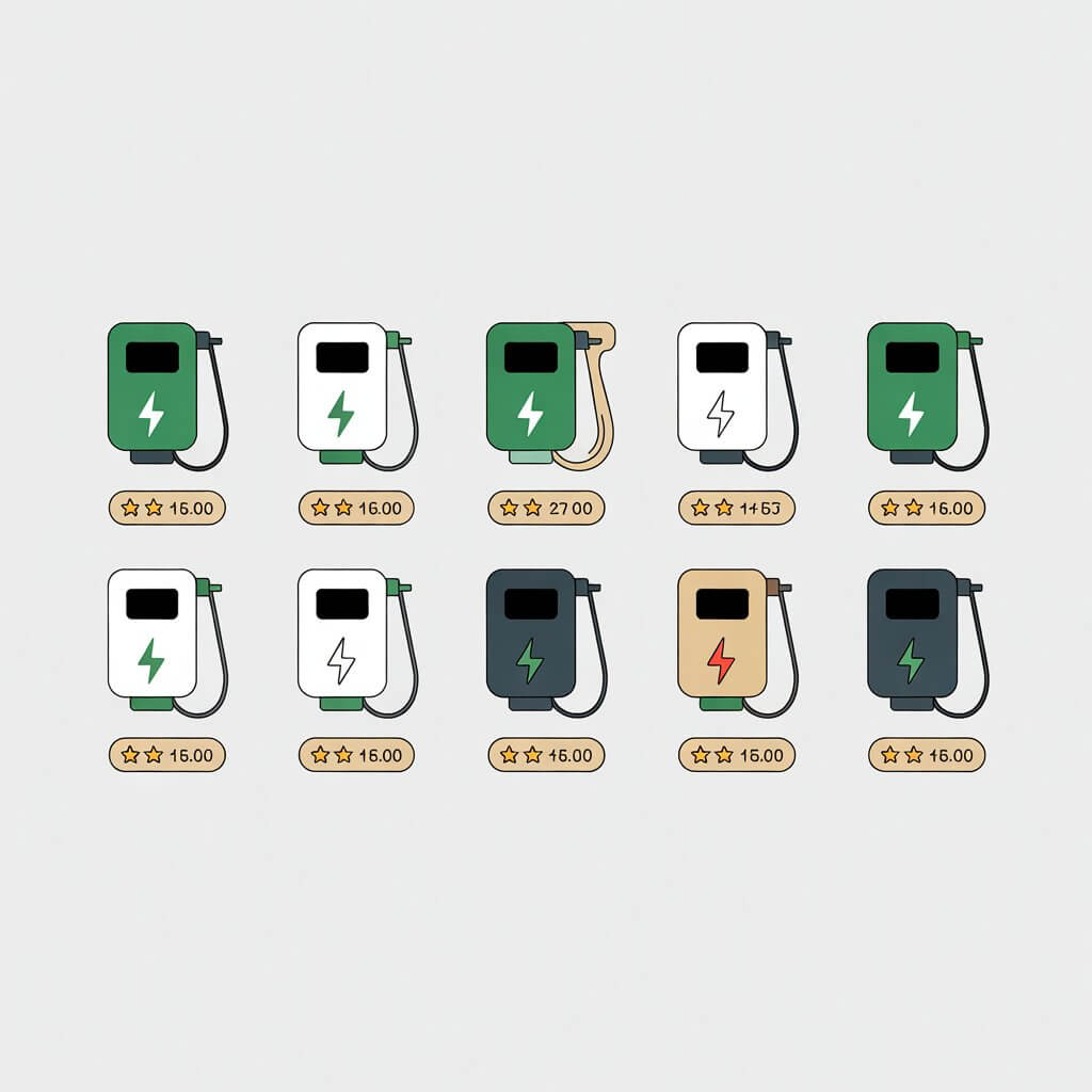 Flat design infographic comparing ten home EV charger options with price and rating indicators, created to support our best home EV chargers 2026 US comparison guide helping American homeowners choose the right Level 2 charger for their garage or driveway