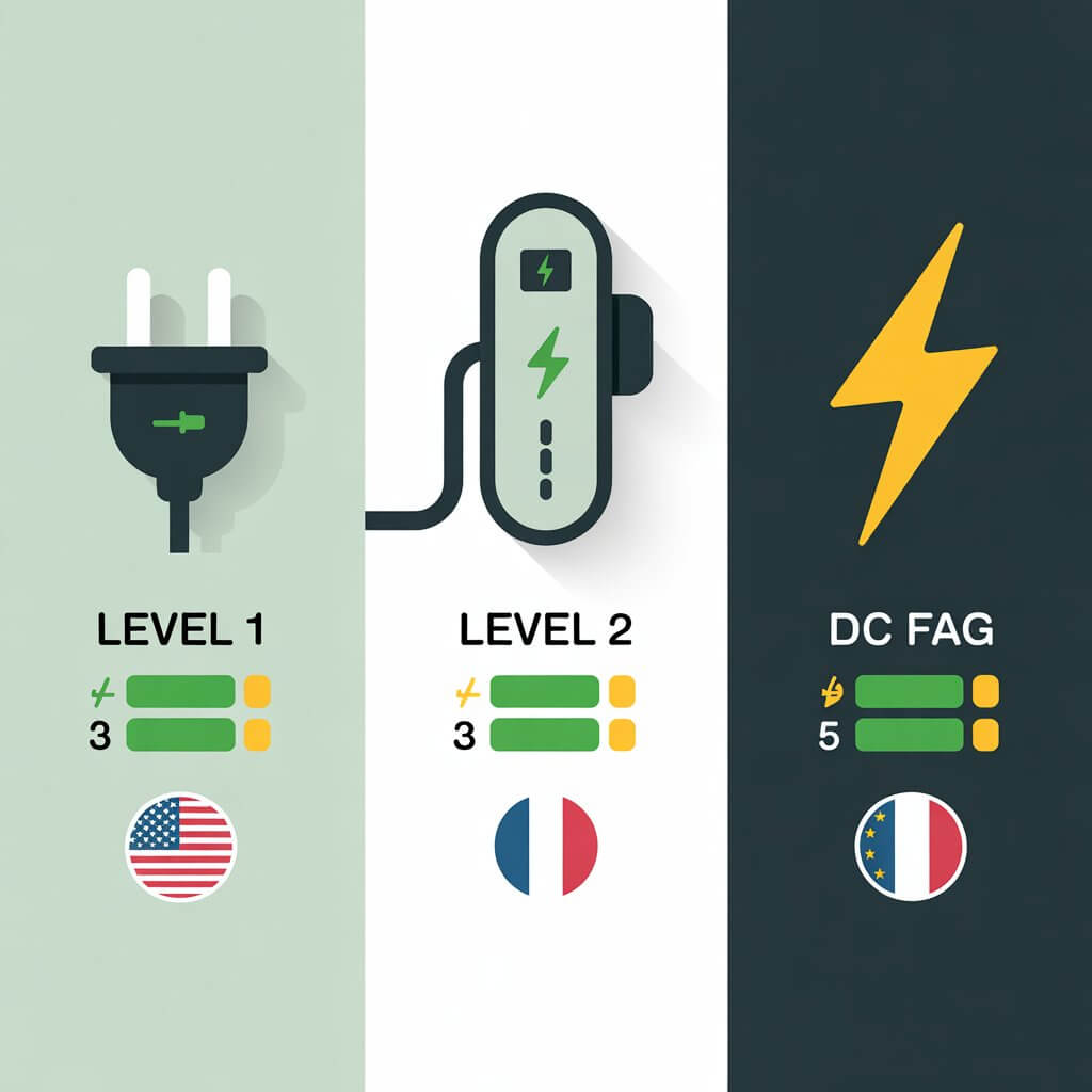 Minimalist infographic visually breaking down our EV charging guide 2026 Level 1 vs Level 2 vs DC Fast comparison, showing charging speed indicators and US and European connector standards for each charging level to help new EV owners choose the right setup