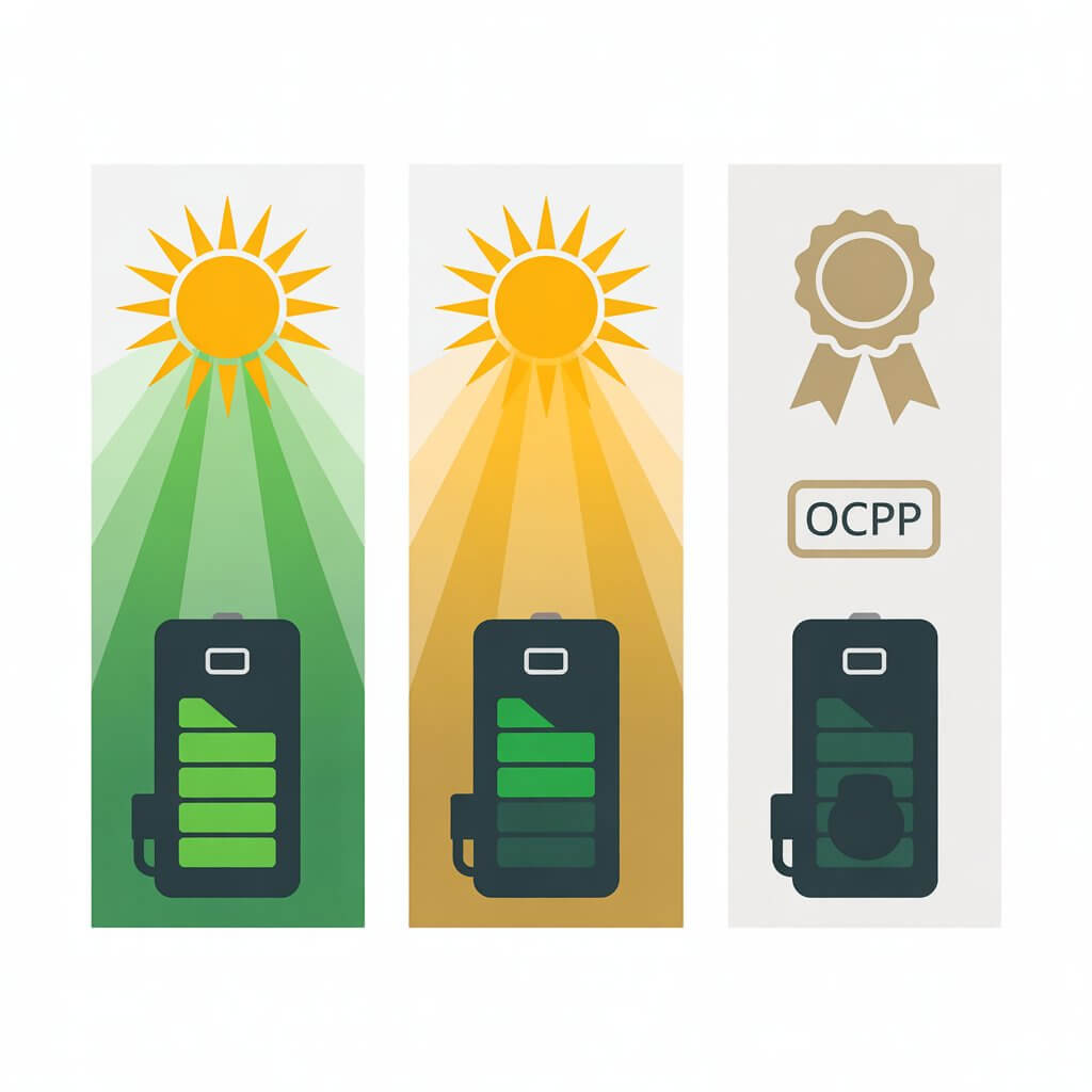 Flat design infographic comparing solar integration capability and smart features across three premium home EV chargers, visually summarising the Wallbox Pulsar Plus vs Myenergi Zappi vs Andersen smart charger Europe 2026 comparison with solar performance indicators and protocol advantage icons for UK and European homeowners