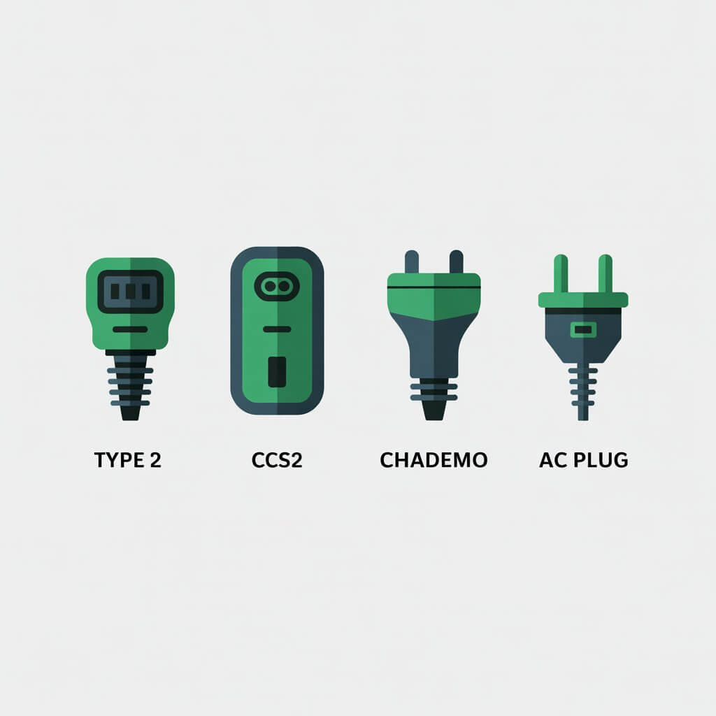 Flat design illustration comparing Type 2, CCS2, CHAdeMO and AC EV charging connector types used in India, created as a visual reference for our EV charger troubleshooting guide India helping electric vehicle owners identify and fix common charger issues